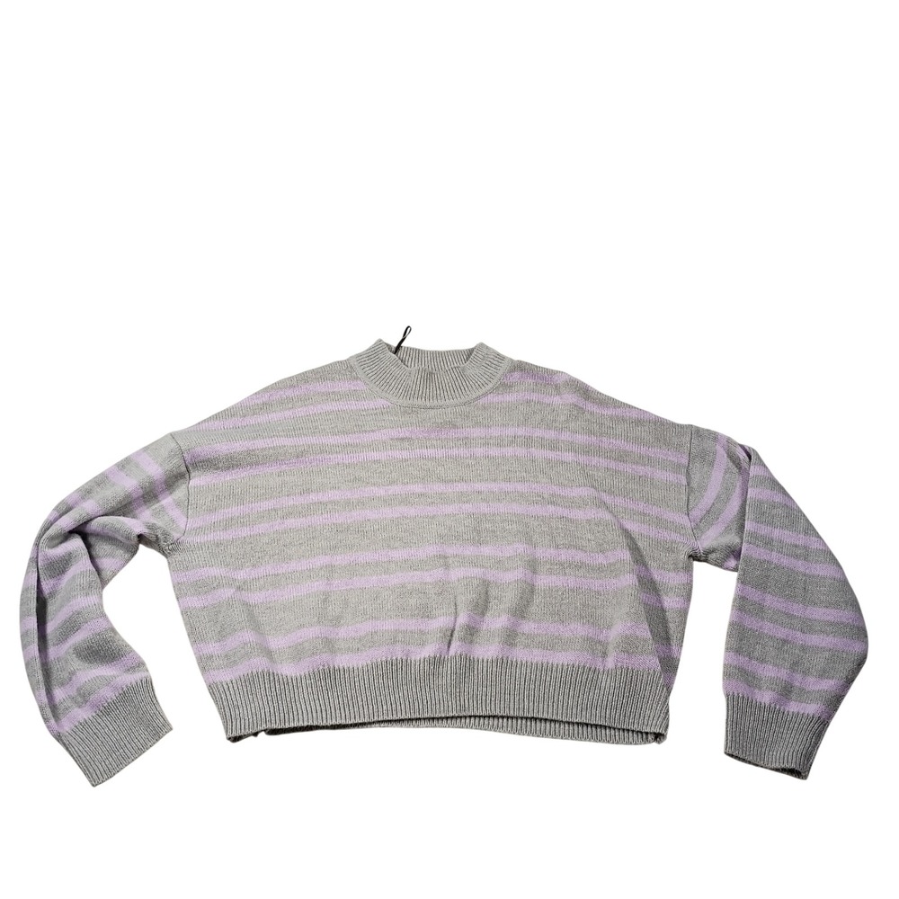 H&M Divided Striped Sweater Women Large Grey Lavender Mock Neck Crop